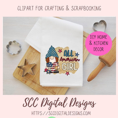 All American Girl Gnome PNG, Red White Blue Flag, DIY Patriotic Mugs and Tumblers for Women, T-Shirts and Hoodies for Kids, Commercial Use