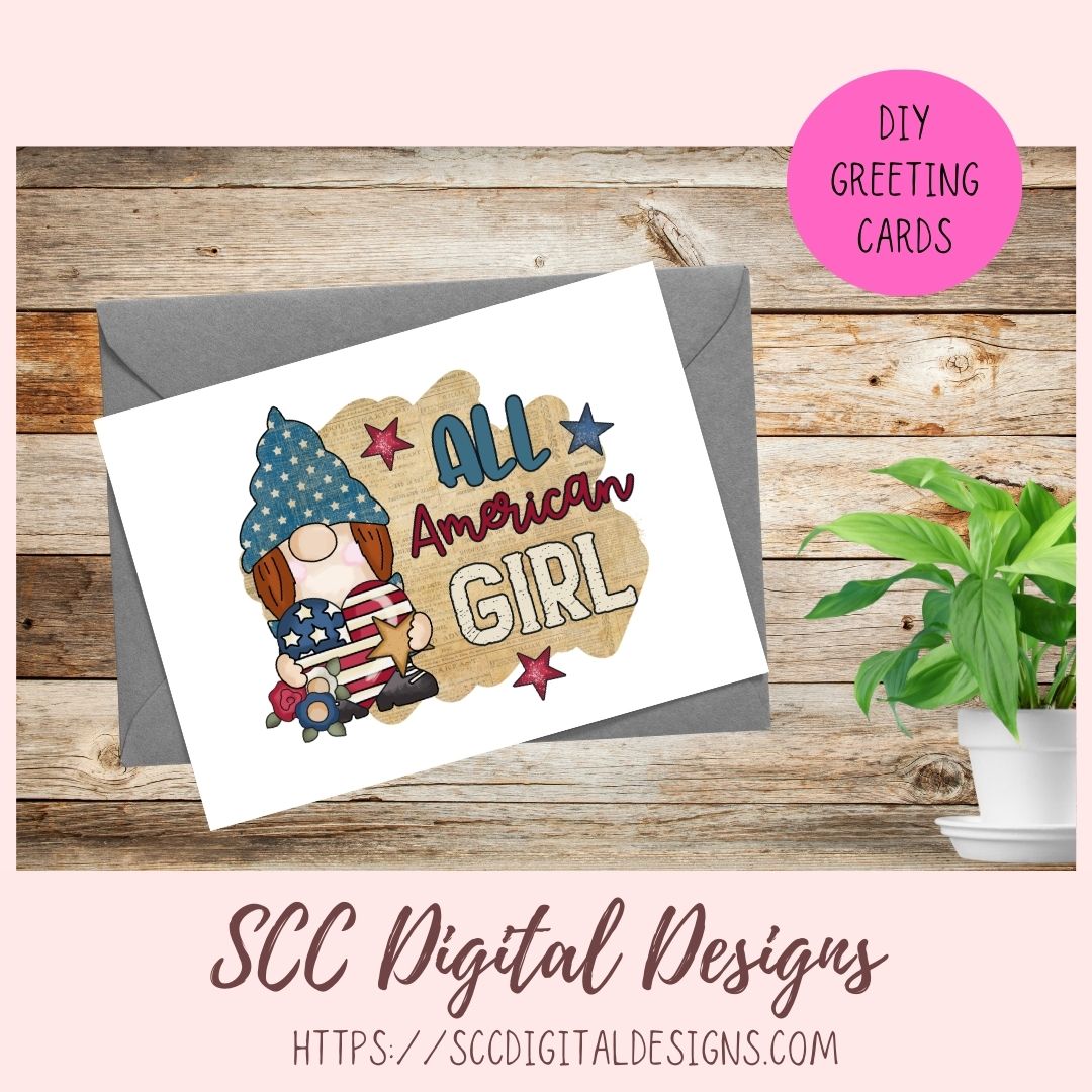 All American Girl Gnome PNG, Red White Blue Flag, DIY Patriotic Mugs and Tumblers for Women, T-Shirts and Hoodies for Kids, Commercial Use