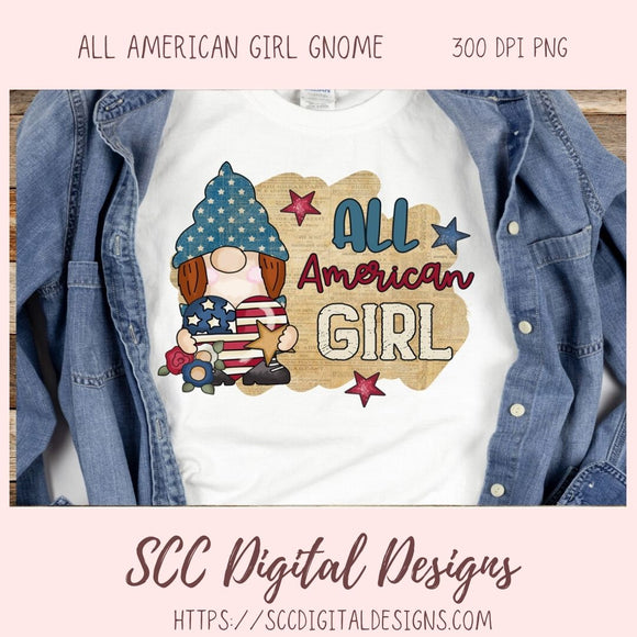 All American Girl Gnome PNG, Red White Blue Flag, DIY Patriotic Mugs and Tumblers for Women, T-Shirts and Hoodies for Kids, Commercial Use