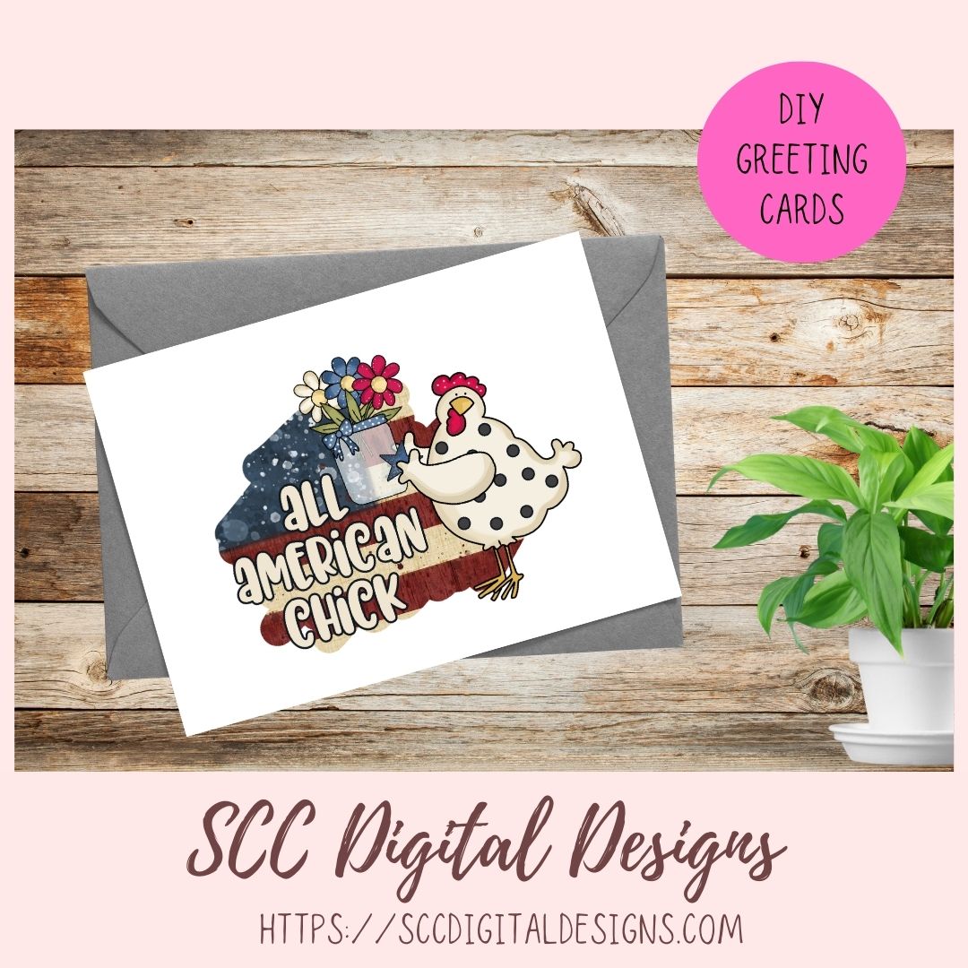 All American Chick PNG, Americana Chicken, Red, Blue & White Flag, DIY Patriotic Mugs and Tumblers for Women, T-Shirts and Hoodies for Kids