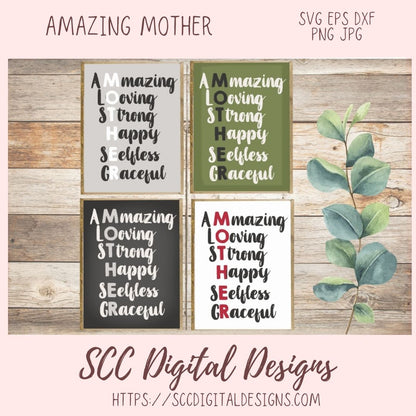 Mother SVG Amazing Loving Strong Happy Selfless Graceful Mother's Day T-Shirt for Girlfriend DIY Greeting Card for Mother-in-Law Mug for Mom
