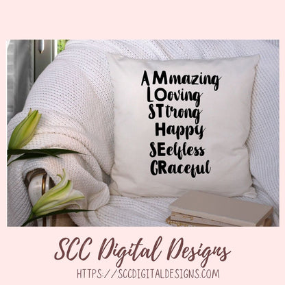 Mother SVG Amazing Loving Strong Happy Selfless Graceful Mother's Day T-Shirt for Girlfriend DIY Greeting Card for Mother-in-Law Mug for Mom