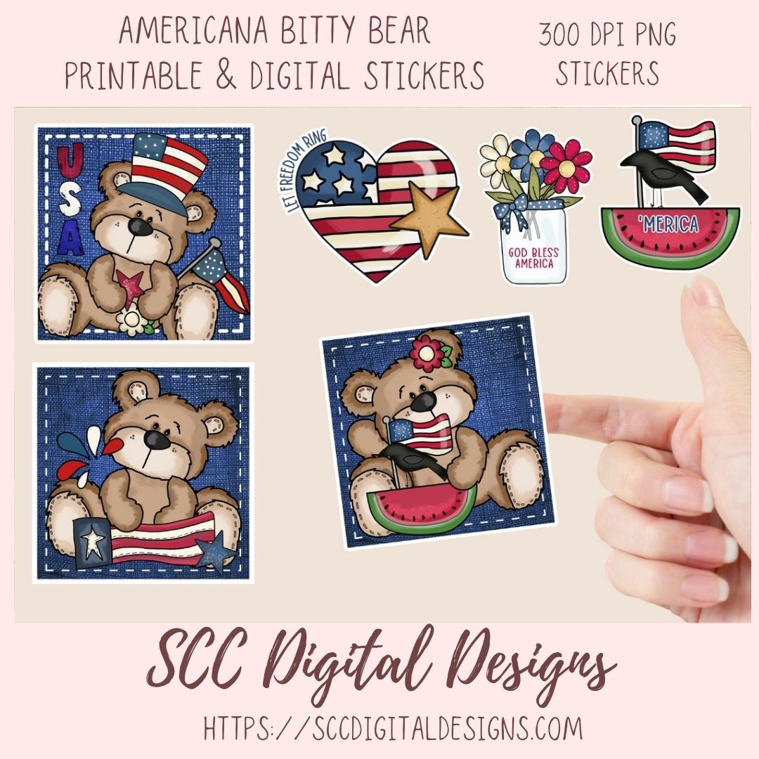 Collection of Americana-themed digital stickers featuring a bear, heart with stars, and watermelon with text on a beige background. Hand pointing at one of the stickers.