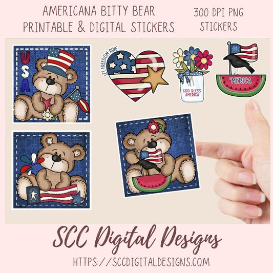 Collection of Americana-themed digital stickers featuring a bear, heart with stars, and watermelon with text on a beige background. Hand pointing at one of the stickers.