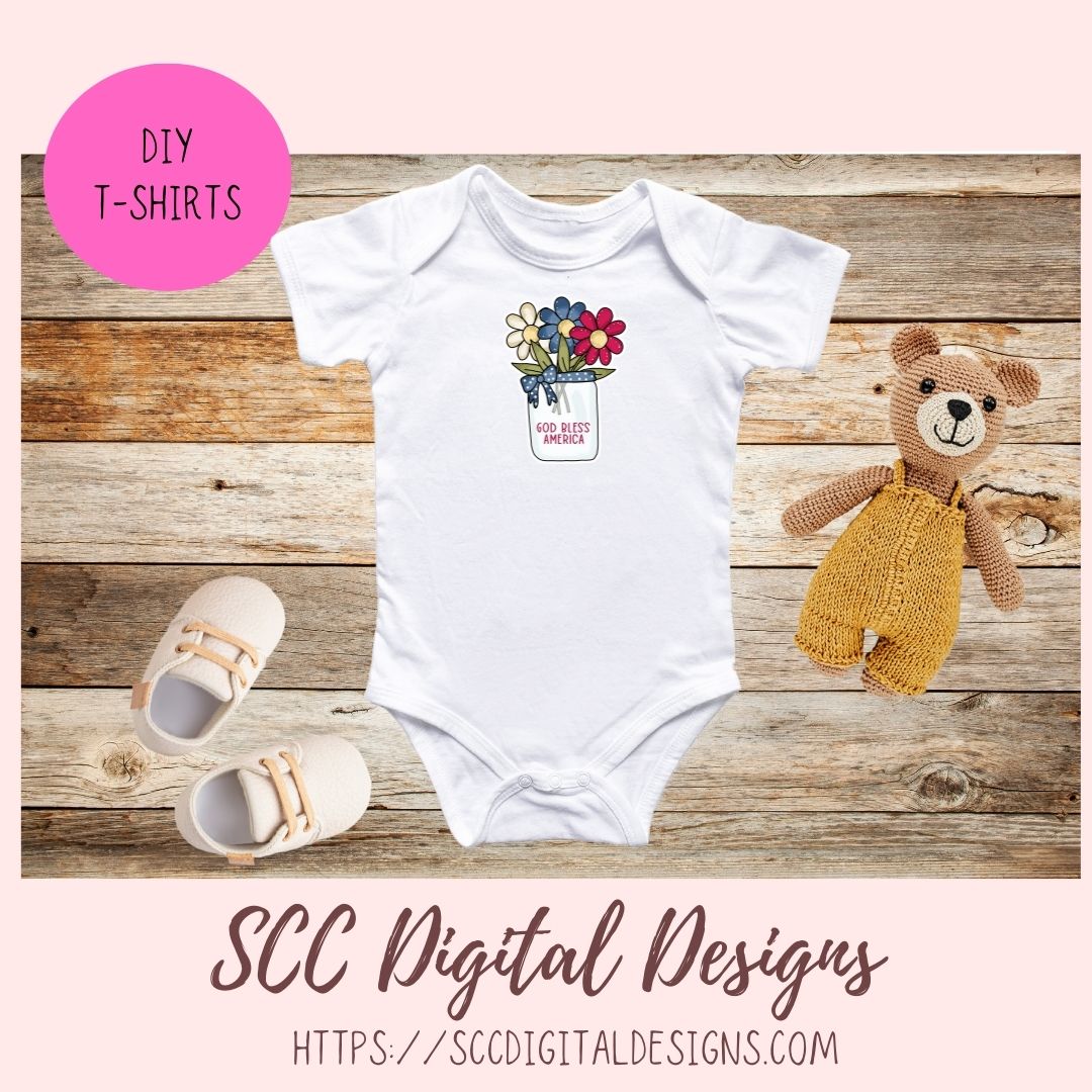 White baby bodysuit with a design, teddy bear, shoes, and pink circle with 'DIY T-Shirts' text on wooden surface.