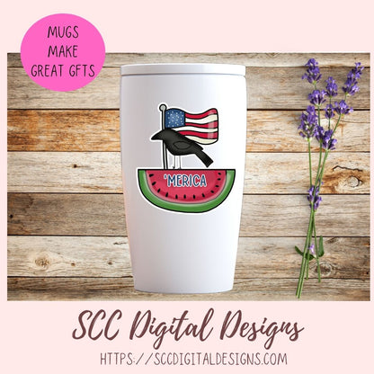 White tumbler with a design of a black bird on a watermelon slice with an American flag, on a wooden background with lavender.