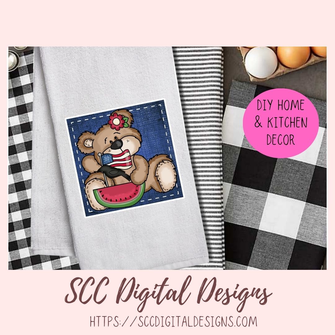 Towel with teddy bear design and checkered patterns, featuring SCC Digital Designs branding.