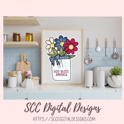 Decorative print with flowers and 'God Bless America' text in a kitchen setting, featuring SCC Digital Designs branding.