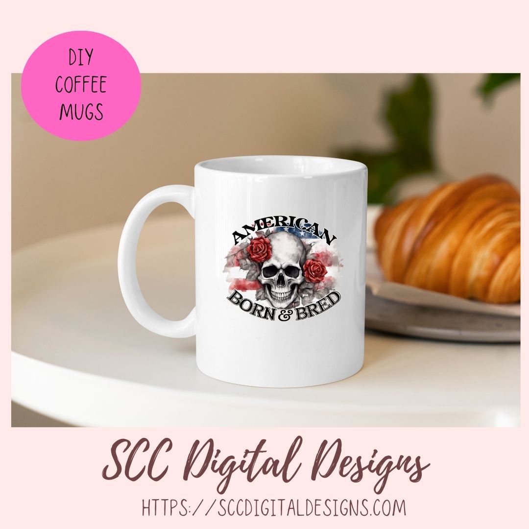 Skull PNG, American Born & Bred Clipart for T-Shirts for Women, Red Roses Sublimation Design for Stickers for Girlfriend, Floral Wall Art