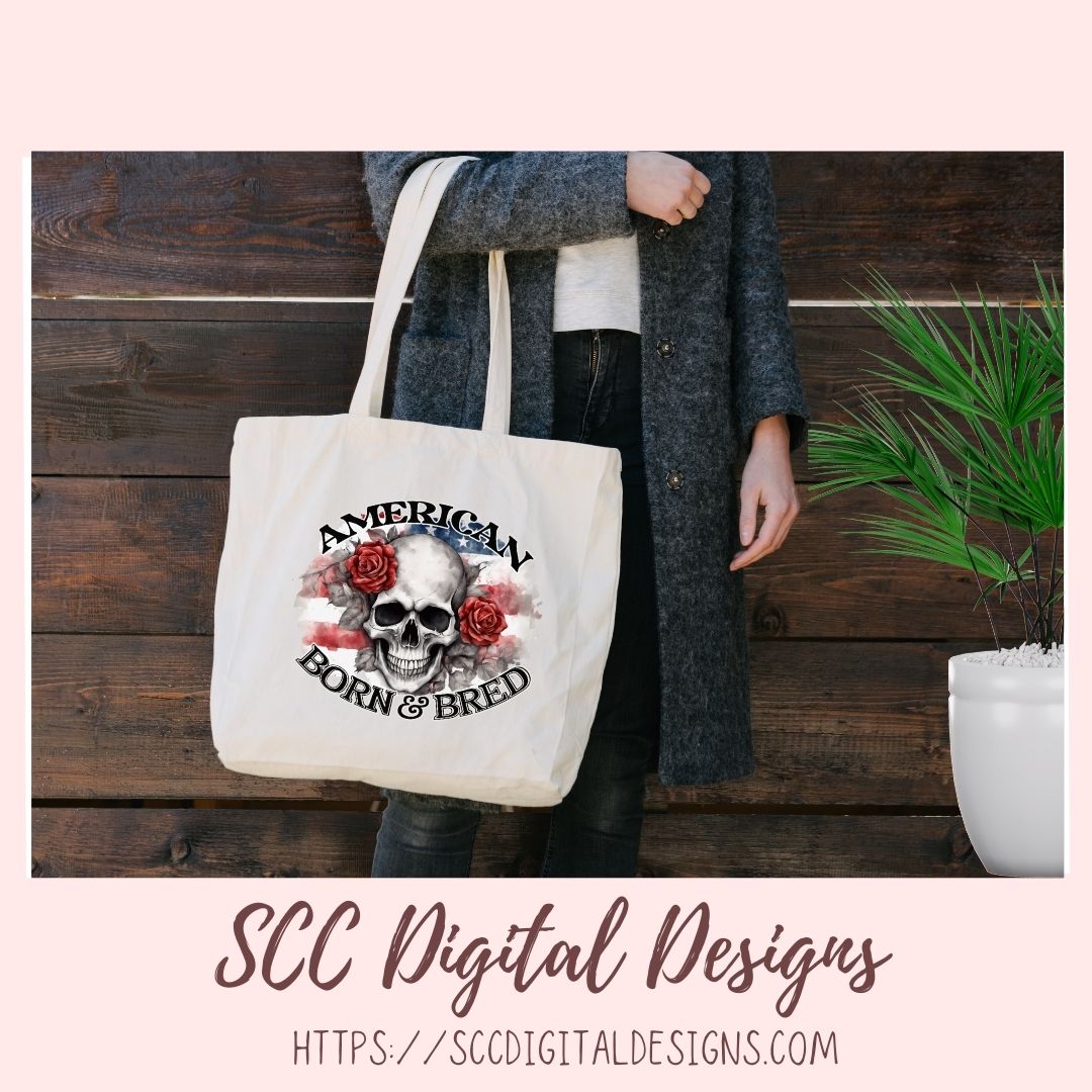 Skull PNG, American Born & Bred Clipart for T-Shirts for Women, Red Roses Sublimation Design for Stickers for Girlfriend, Floral Wall Art
