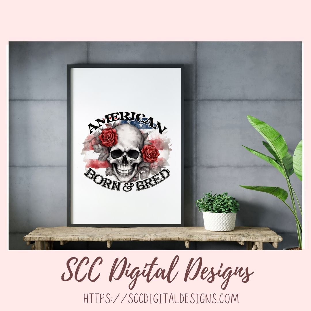 Skull PNG, American Born & Bred Clipart for T-Shirts for Women, Red Roses Sublimation Design for Stickers for Girlfriend, Floral Wall Art