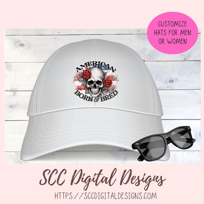 Skull PNG, American Born & Bred Clipart for T-Shirts for Women, Red Roses Sublimation Design for Stickers for Girlfriend, Floral Wall Art
