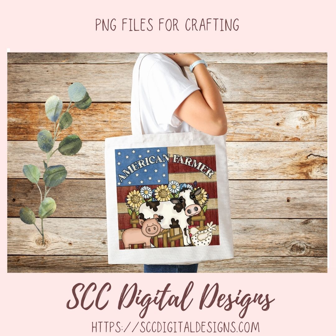 American Farmer Clipart, American Flag with Cow, Pig & Chicken PNG, DIY Farmhouse Wall Decor for Mom and Mugs for Dad, Support Local Farms