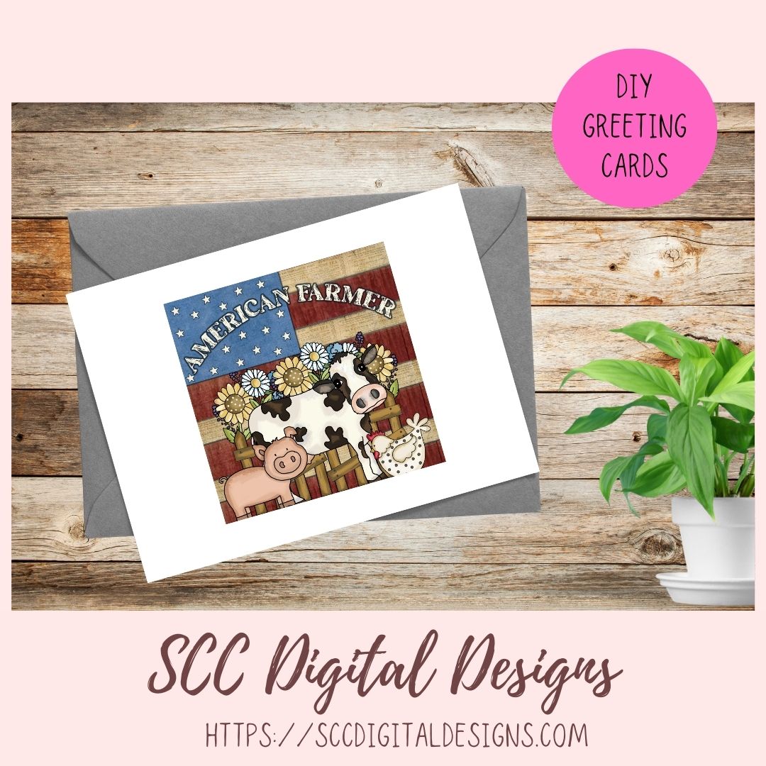 American Farmer Clipart, American Flag with Cow, Pig & Chicken PNG, DIY Farmhouse Wall Decor for Mom and Mugs for Dad, Support Local Farms
