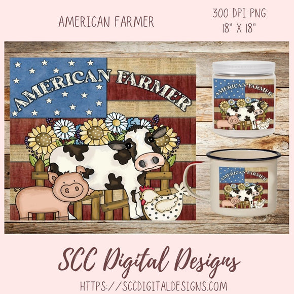 American Farmer Clipart, American Flag with Cow, Pig & Chicken PNG, DIY Farmhouse Wall Decor for Mom and Mugs for Dad, Support Local Farms