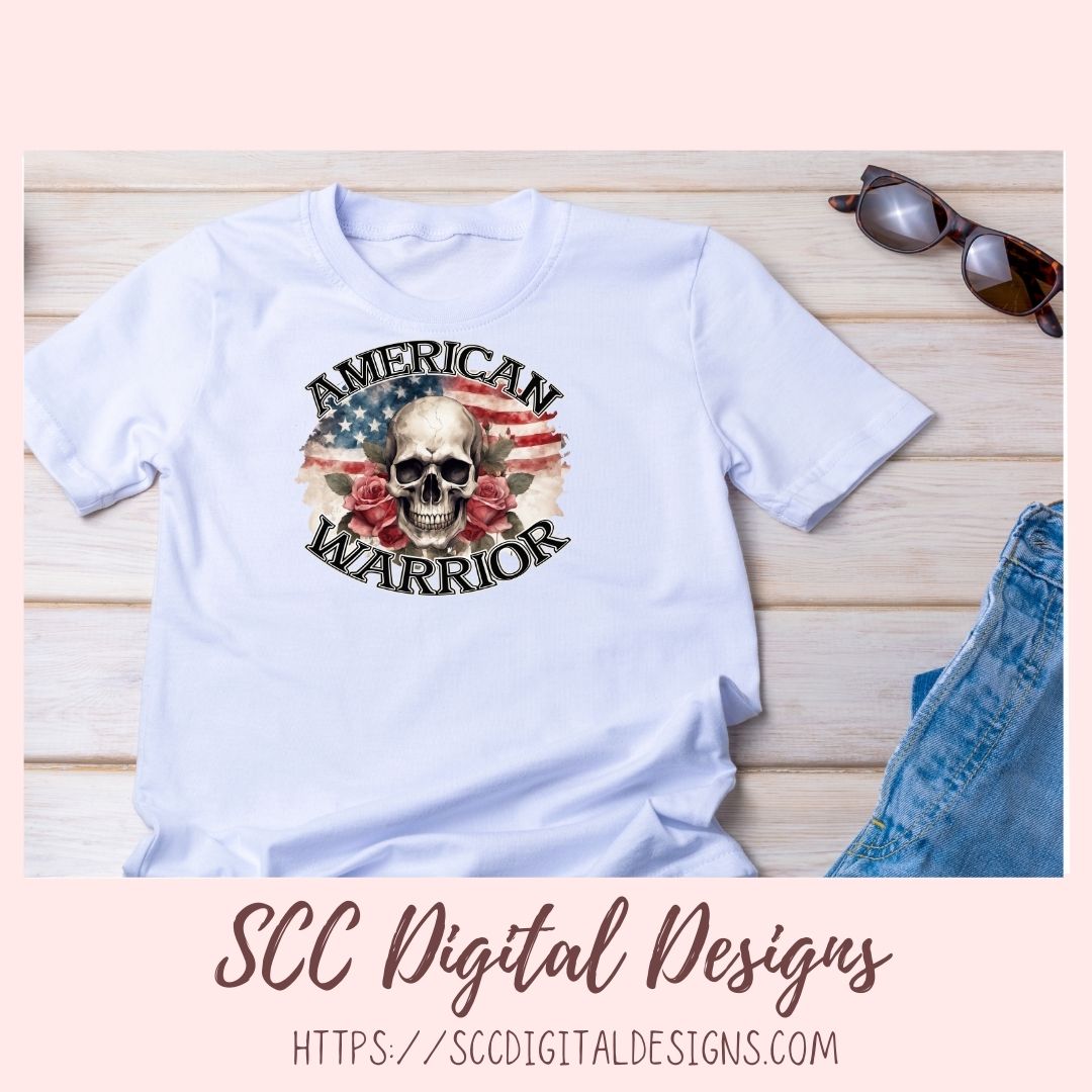 Skull PNG, American Warrior Clipart for Women, Rose Sublimation Design for Stickers for Girlfriend, Red White & Blue Flag for Wall Art