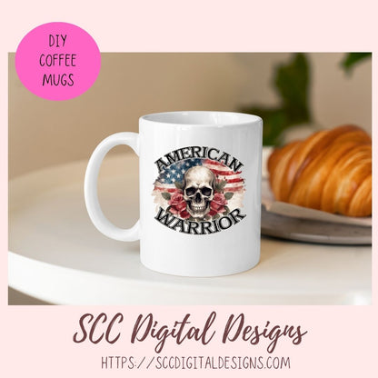 Skull PNG, American Warrior Clipart for Women, Rose Sublimation Design for Stickers for Girlfriend, Red White & Blue Flag for Wall Art