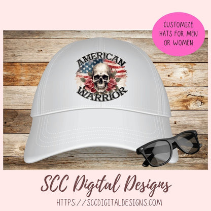Skull PNG, American Warrior Clipart for Women, Rose Sublimation Design for Stickers for Girlfriend, Red White & Blue Flag for Wall Art