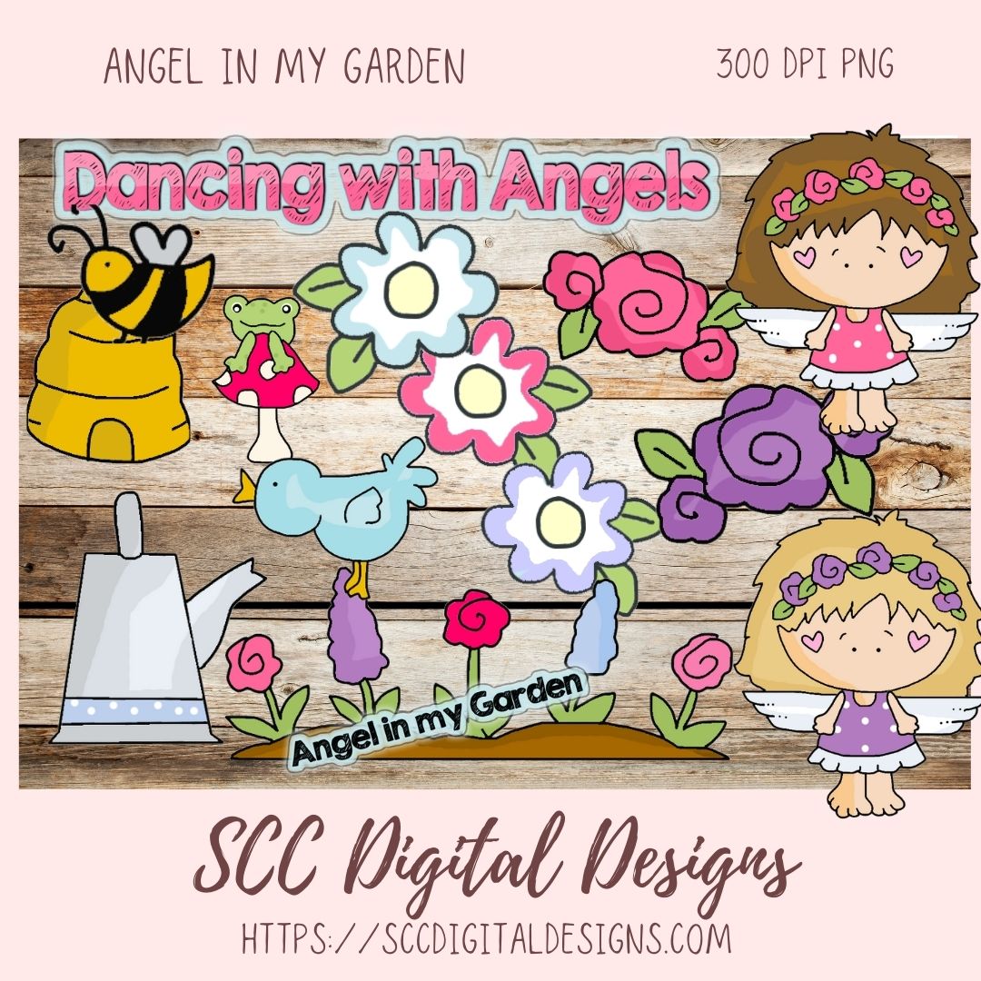 Angel in my Garden Clipart, Dancing With Angels Wordart, Garden, Blue Bird, Spring Flowers, and Water Can Clip Art, Scrapbooking Elements
