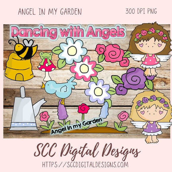 Angel in my Garden Clipart, Dancing With Angels Wordart, Garden, Blue Bird, Spring Flowers, and Water Can Clip Art, Scrapbooking Elements