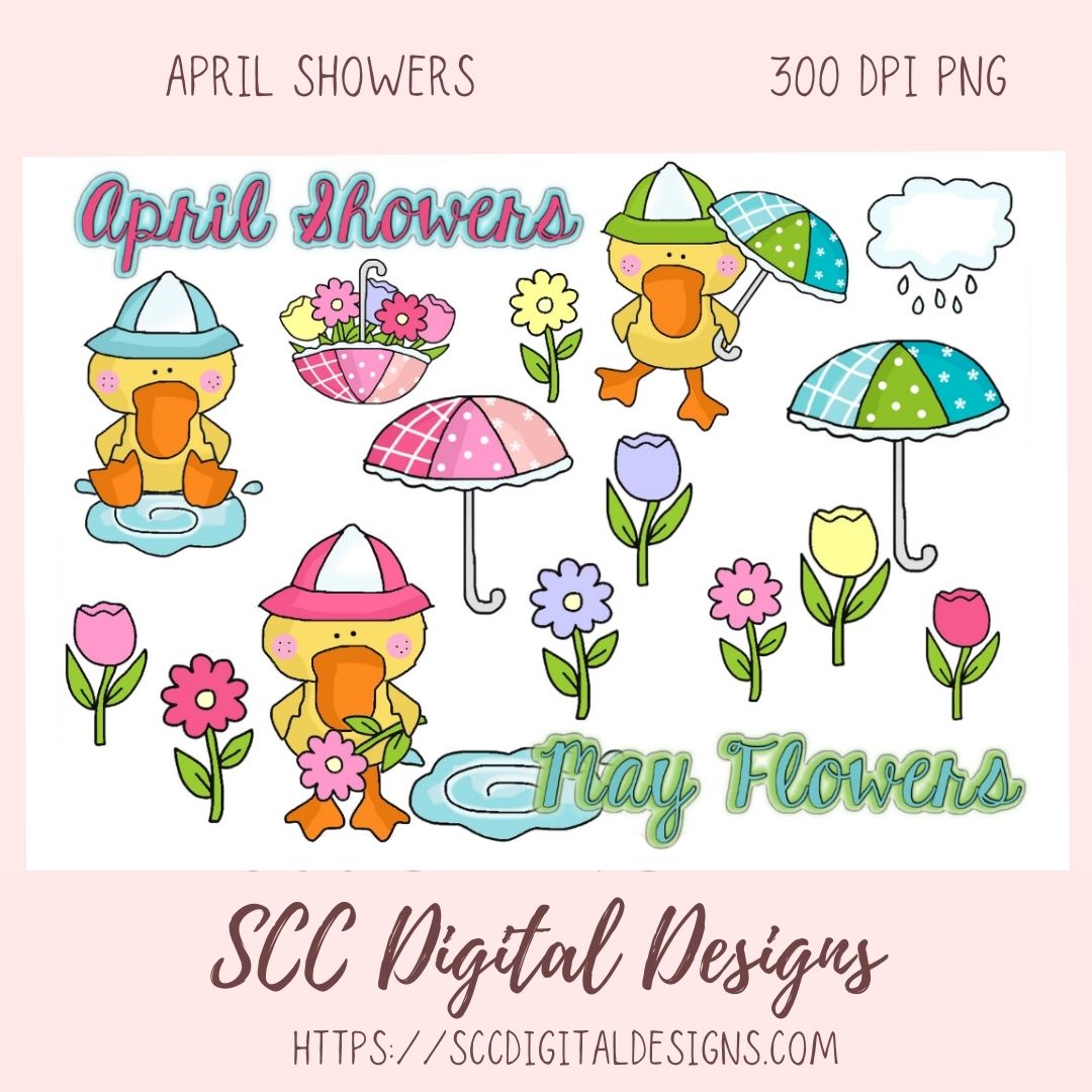 April Showers Bring May Flowers Clipart for Girls' Stickers, Wordart Ducks & Flower Clip Art for Wall Decor for Kids Rooms, Scrapbooking