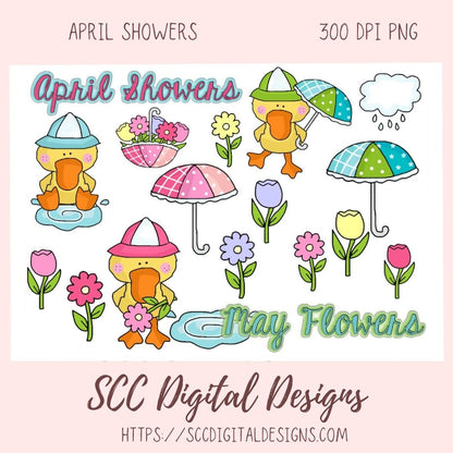 April Showers Bring May Flowers Clipart for Girls' Stickers, Wordart Ducks & Flower Clip Art for Wall Decor for Kids Rooms, Scrapbooking