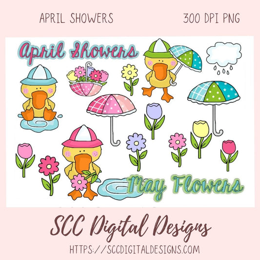 April Showers Bring May Flowers Clipart for Girls' Stickers, Wordart Ducks & Flower Clip Art for Wall Decor for Kids Rooms, Scrapbooking