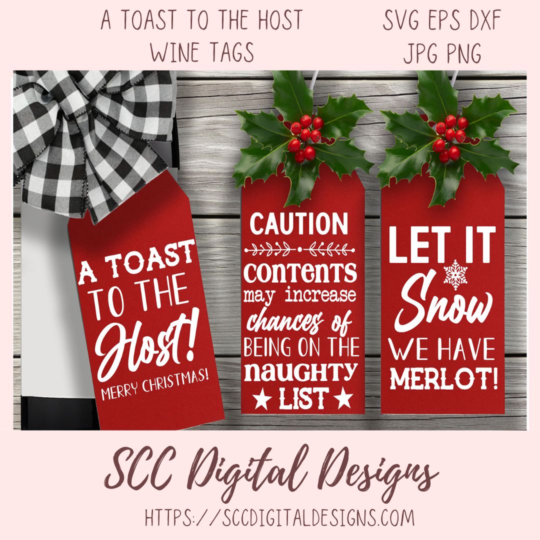 Three red wine tags with Christmas-themed text on a wooden background, featuring the brand 'SCC Digital Designs'.