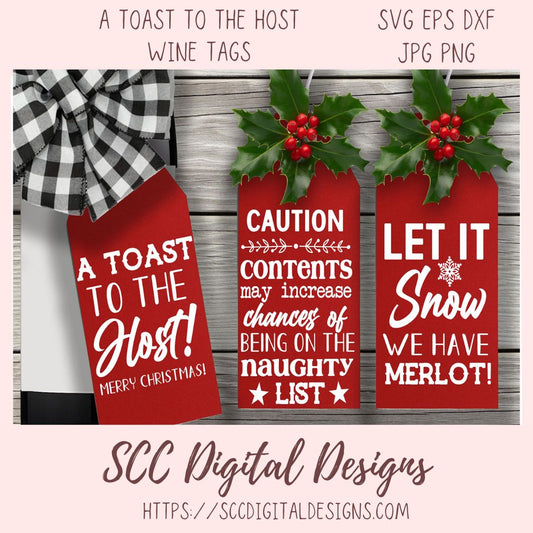 Three red wine tags with Christmas-themed text on a wooden background, featuring the brand 'SCC Digital Designs'.