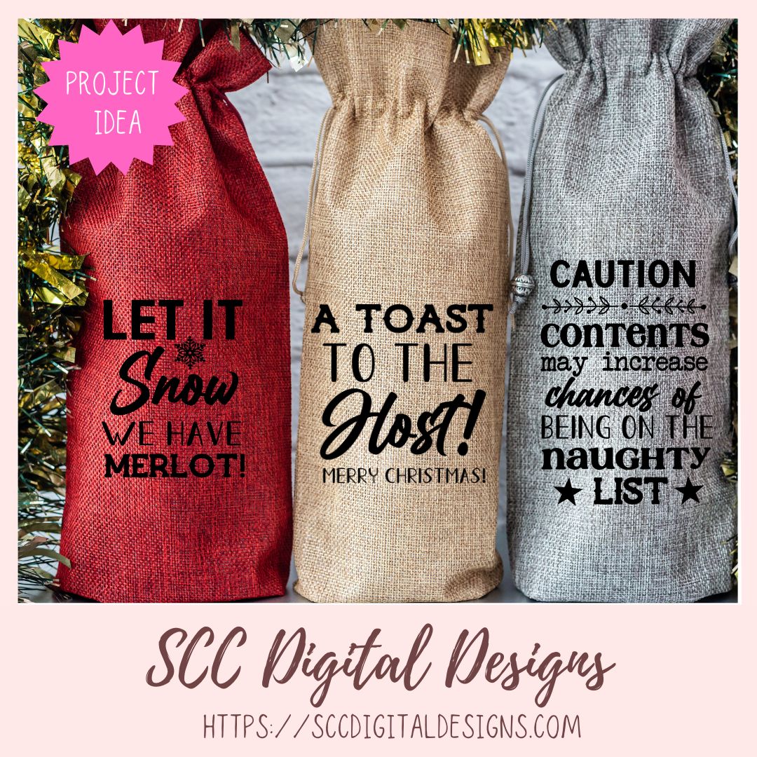 Three decorative wine bags with humorous text designs and SCC Digital Designs branding.