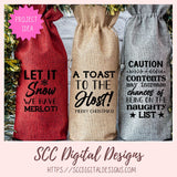 Three decorative wine bags with humorous text designs and SCC Digital Designs branding.