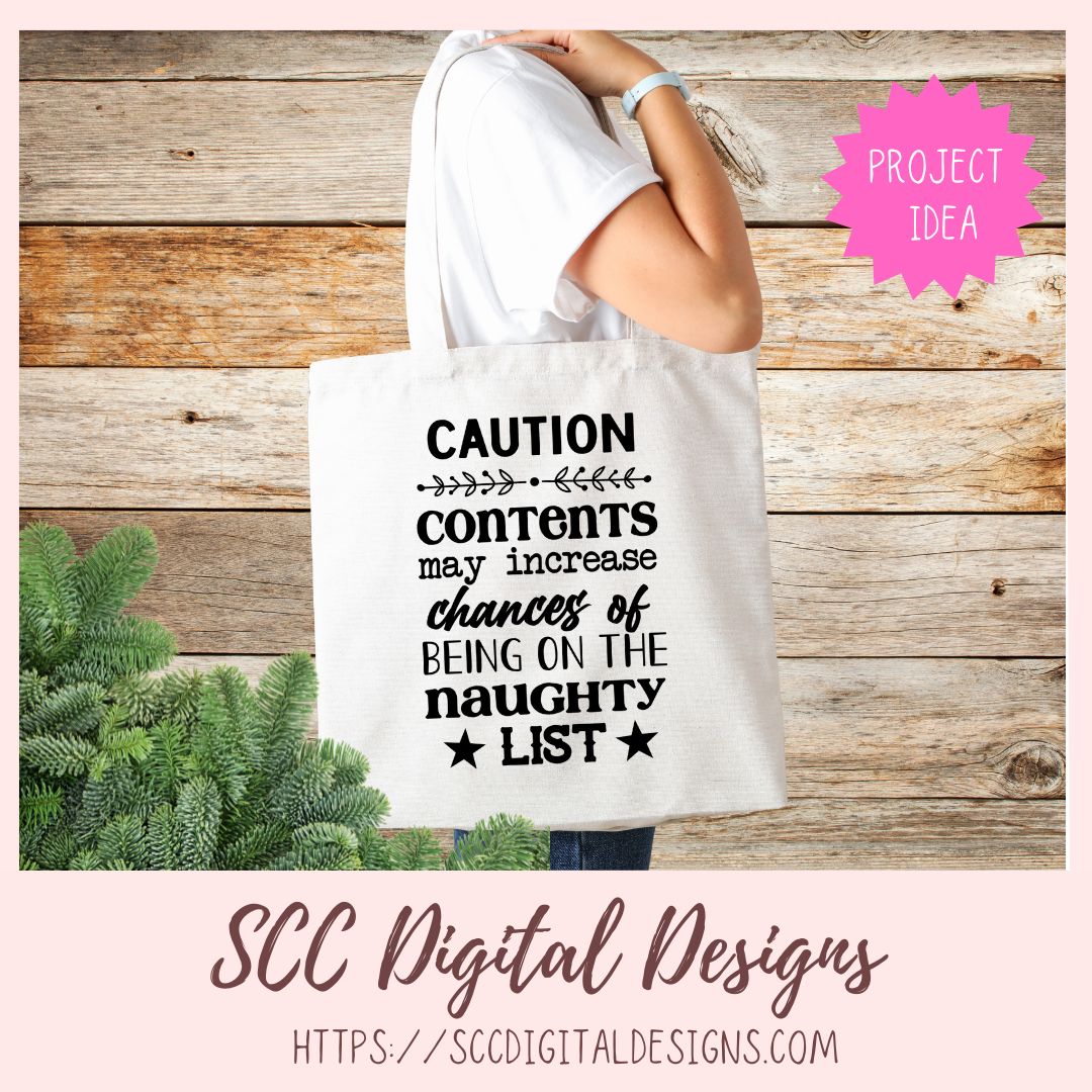 Tote bag with humorous text design on a wooden background, featuring SCC Digital Designs branding.