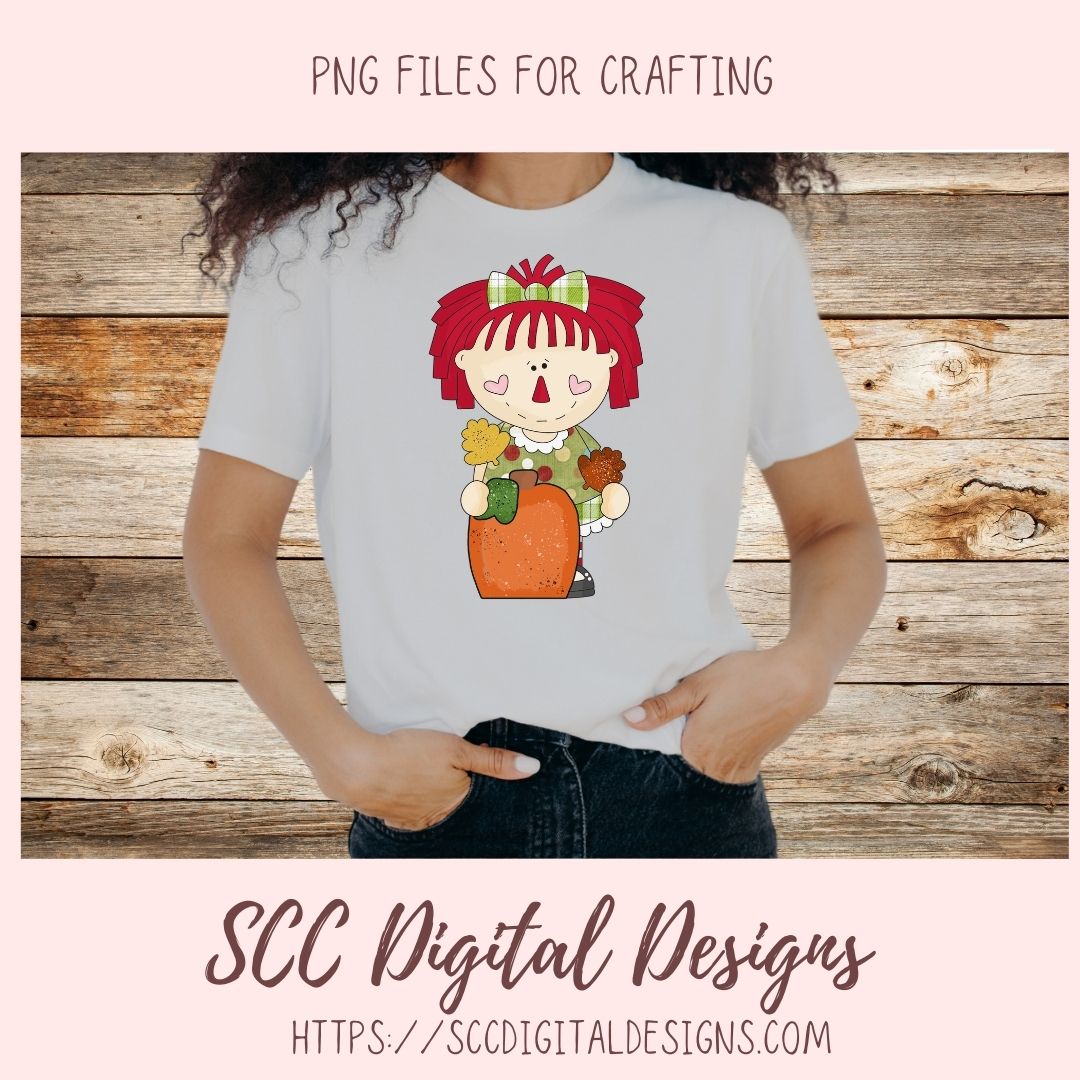 Annie Clipart for Stickers for Kids, Pumpkins, Black Birds, & Sunflowers PNGs for Paper Crafting for Women, Primitive Doll Clip Art for