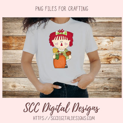 Annie Clipart for Stickers for Kids, Pumpkins, Black Birds, & Sunflowers PNGs for Paper Crafting for Women, Primitive Doll Clip Art for