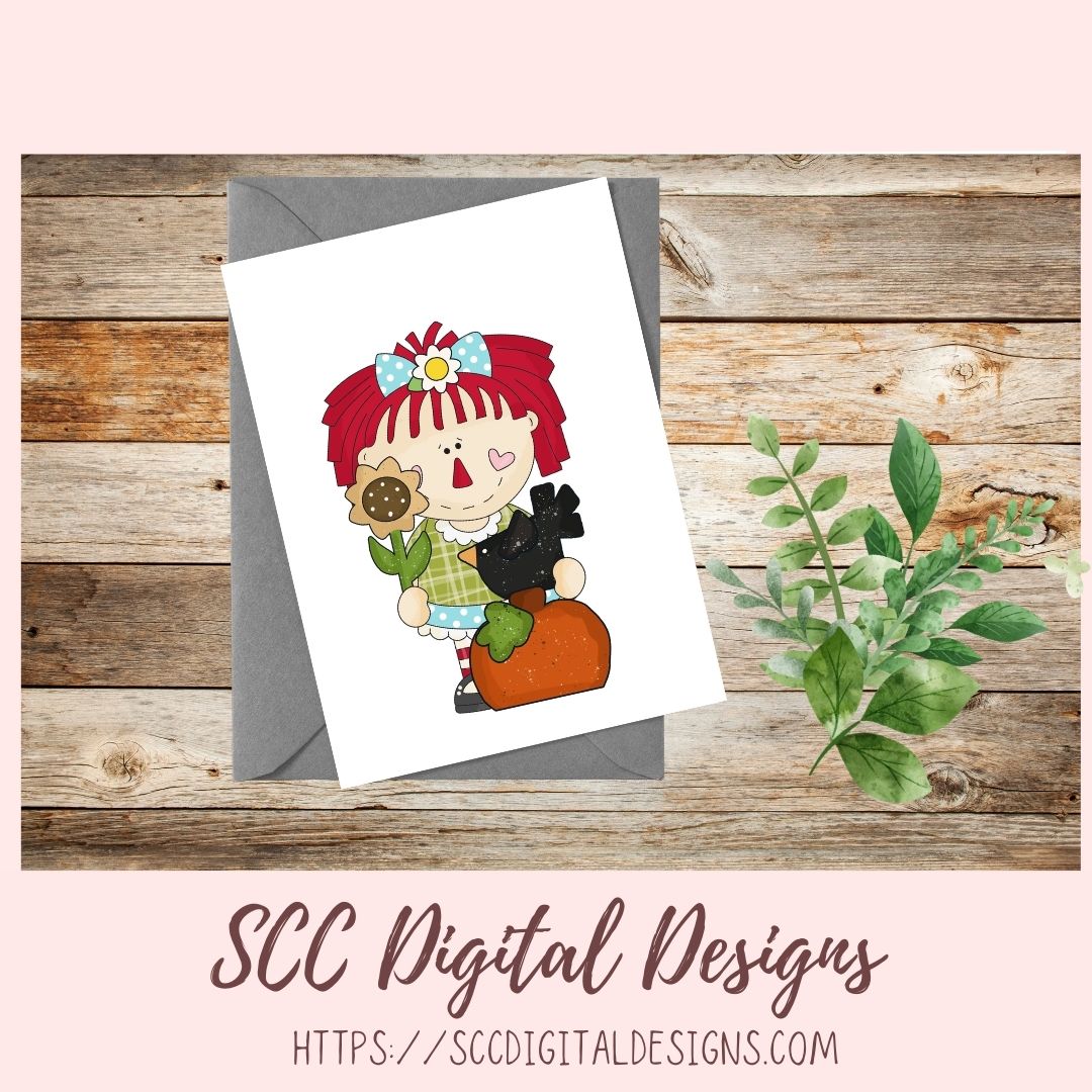 Annie Clipart for Stickers for Kids, Pumpkins, Black Birds, & Sunflowers PNGs for Paper Crafting for Women, Primitive Doll Clip Art for