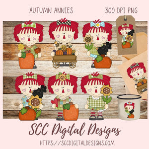 Annie Clipart for Stickers for Kids, Pumpkins, Black Birds, & Sunflowers PNGs for Paper Crafting for Women, Primitive Doll Clip Art for
