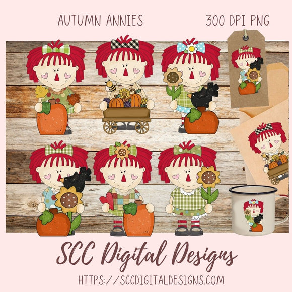 Annie Clipart for Stickers for Kids, Pumpkins, Black Birds, & Sunflowers PNGs for Paper Crafting for Women, Primitive Doll Clip Art for