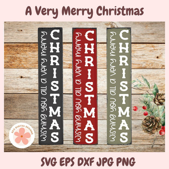 Three vertical Christmas signs with text on a wooden background, featuring SVG EPS DXF JPG PNG formats.