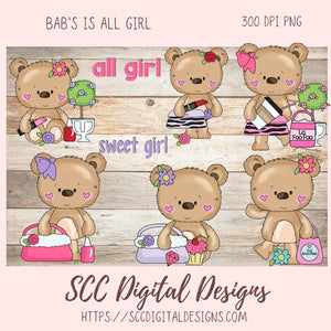 Cute Girly PNG, Whimsical Shopping Bear Clipart for Stickers for Kids, Wordart for Digital Planners, Nursery Decor, Scrapbooking Elements