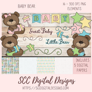Baby Bear Clipart PNG, Bundle includes Wordart, Digital Papers, and 16 Elements, DIY Baby Shower Invitation for New Mom, Mother to Be Announcement, Gender Reveal Party Invite, Nursery Decor