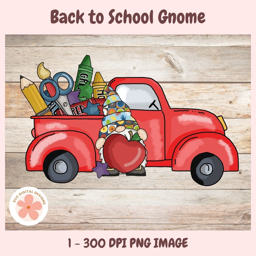 Illustration of a gnome in a red truck with school supplies on a wooden background, labeled 'Back to School Gnome'.