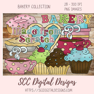 Bakery Clipart Collection, Wordart Cupcakes Coffee Pie PNGs for Sublimation for Tumblers, Desserts & Word Art for Digital Scrapbooking