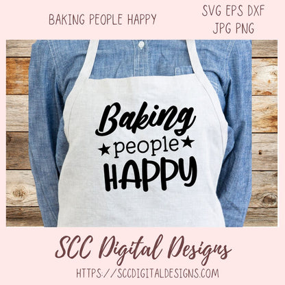 Apron with 'Baking people HAPPY' text worn by a person, with a wooden background and SCC Digital Designs branding.