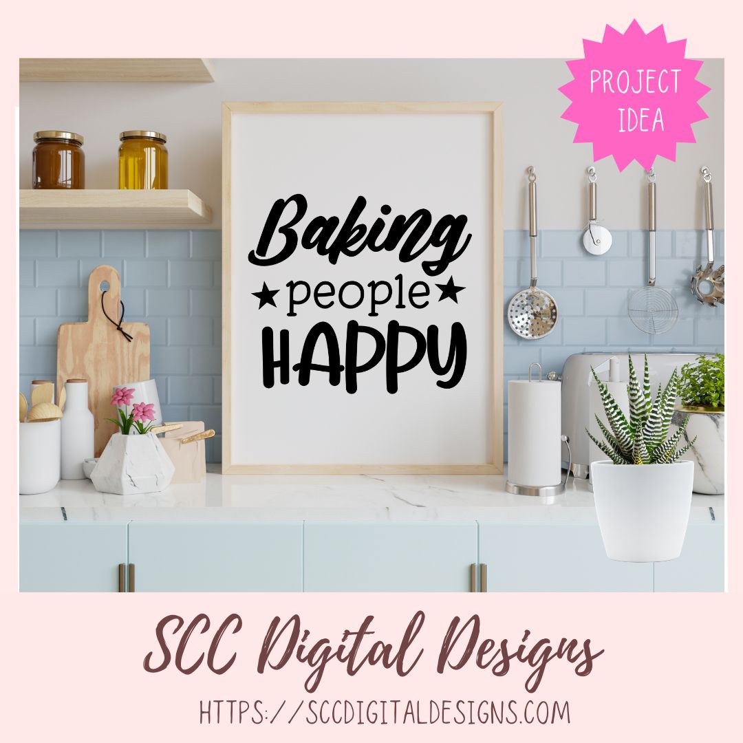 Kitchen scene with a framed sign saying 'Baking people happy' and SCC Digital Designs branding.