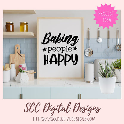 Kitchen scene with a framed sign saying 'Baking people happy' and SCC Digital Designs branding.