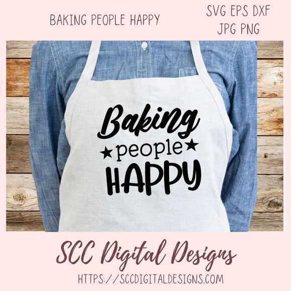 Apron with 'Baking people HAPPY' text worn by a person, with a wooden background and SCC Digital Designs branding.
