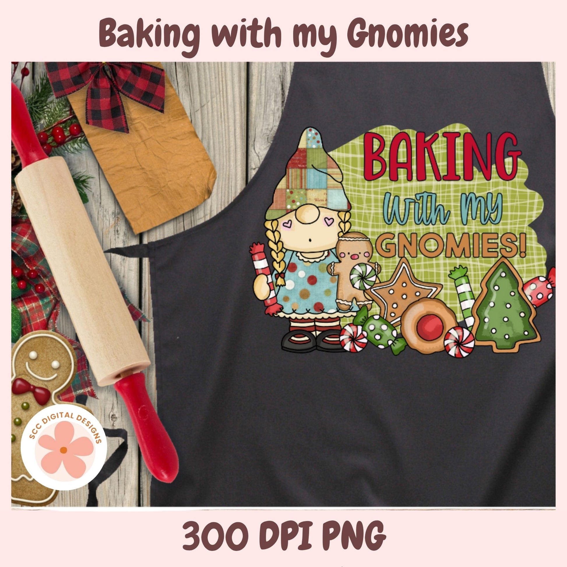 Black apron with 'Baking with my Gnomies' design featuring a gnome and baking-themed graphics.