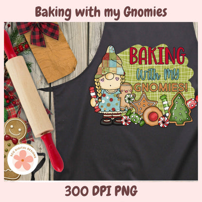 Black apron with 'Baking with my Gnomies' design featuring a gnome and baking-themed graphics.