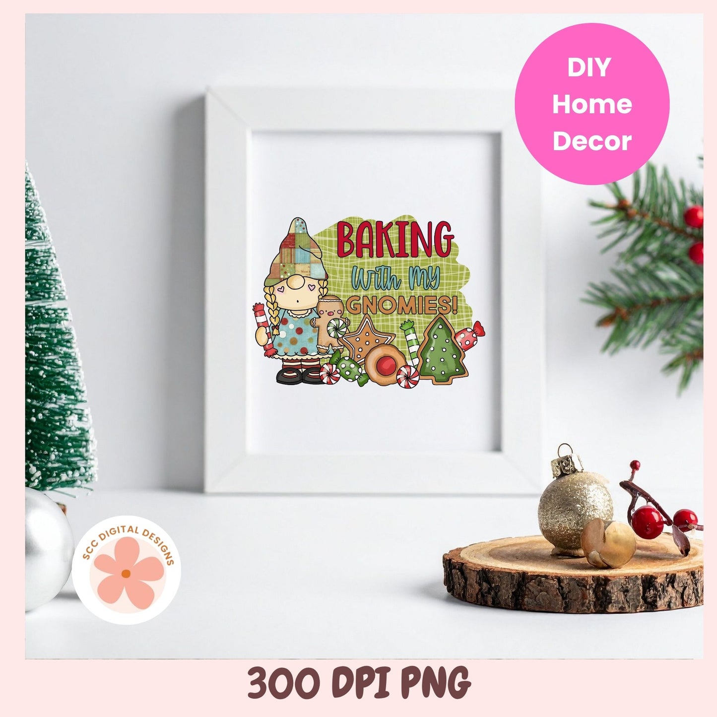 Framed artwork with a gnome illustration and text 'Baking with my Gnomies' on a white wall.