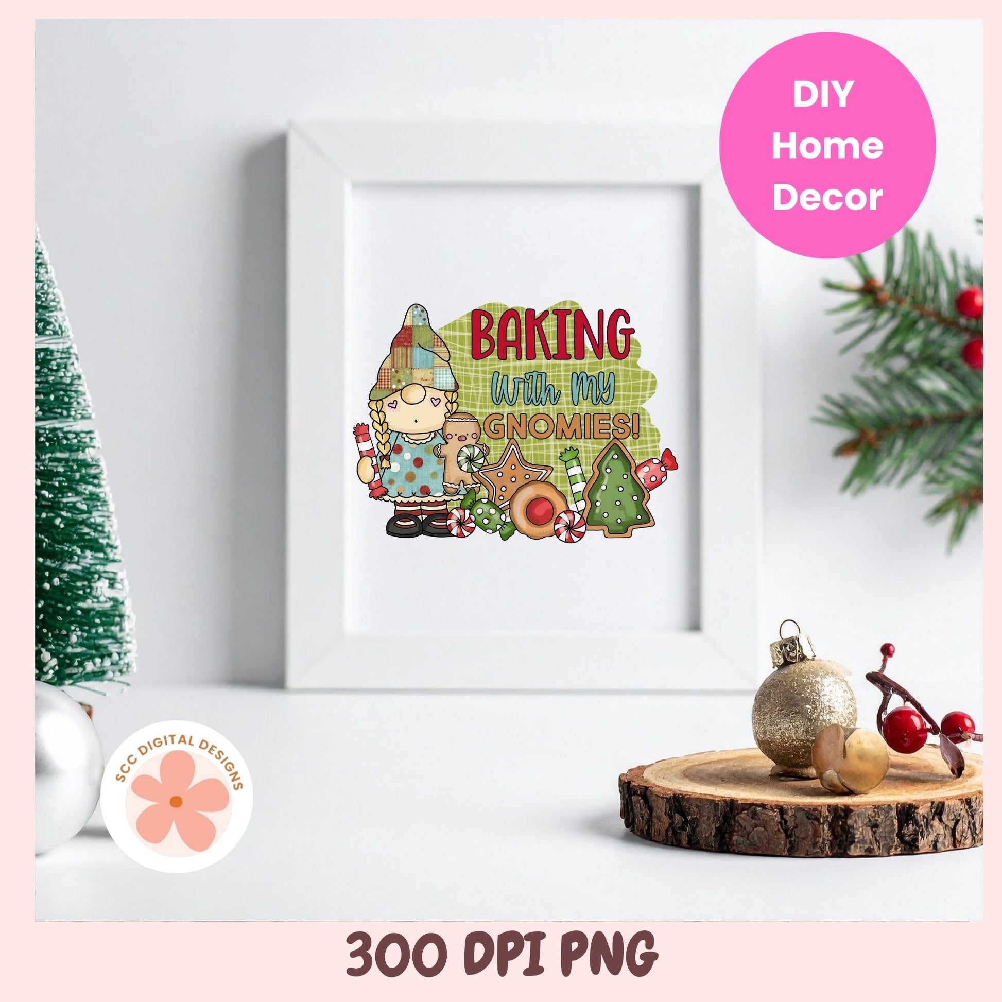 Framed artwork with a gnome illustration and text 'Baking with my Gnomies' on a white wall.